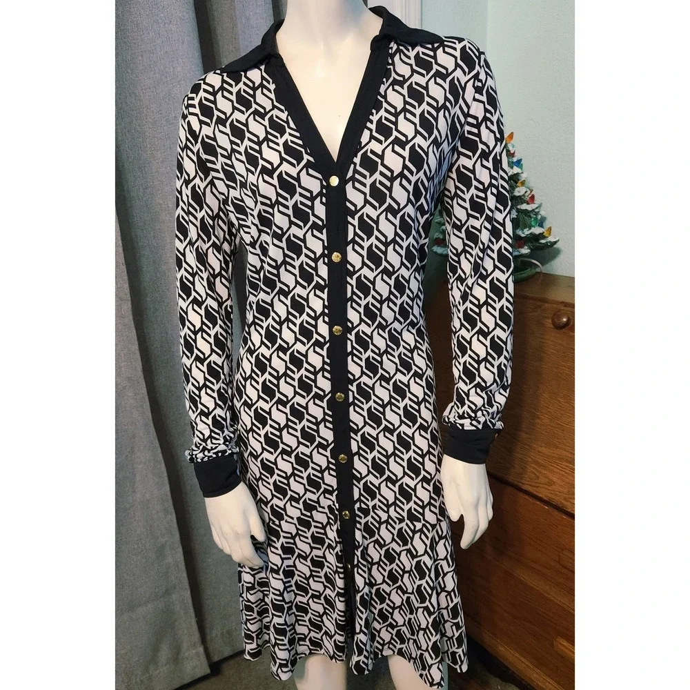 Michael Kors‎ Long Sleeve Navy Blue White Geometric Gold Button Up Midi Dress S